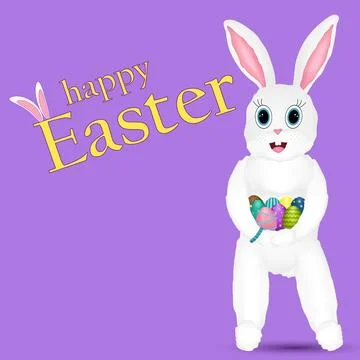 Greeting card with 3D elements featuring White Easter Bunny smiling and holdi 스톡 일러스트