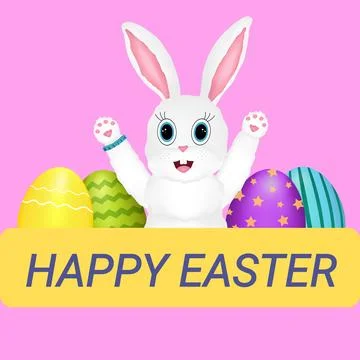 Greeting card with 3D elements featuring a smiling white Easter Bunny pulls h 스톡 일러스트