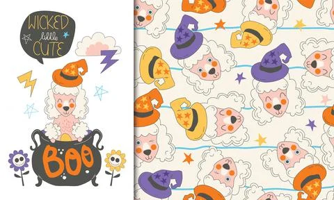 Greeting card and seamless pattern of Halloween vector cute cartoon poodle Stock Illustration