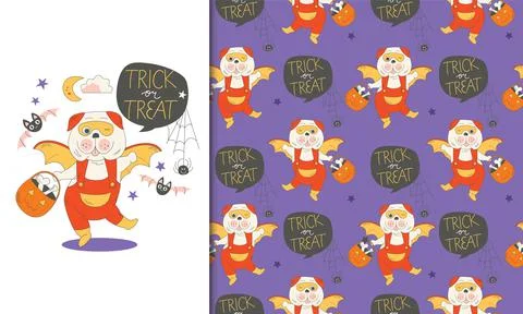 Greeting card and seamless pattern of Halloween vector cute cartoon pug puppy イラスト素材