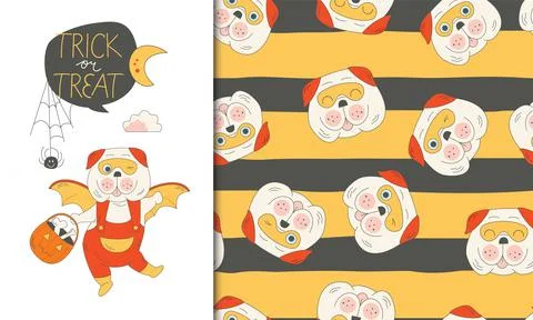 Greeting card and seamless pattern of Halloween vector cute cartoon pug puppy イラスト素材