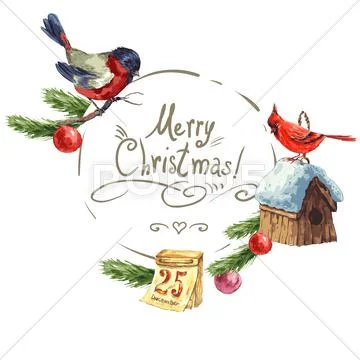 Greeting card with bullfinch, Birdhouse Christmas tree Stock Illustration