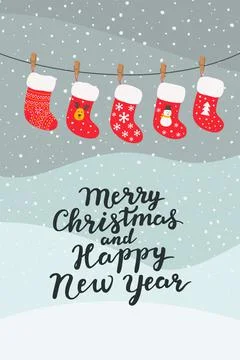 Greeting card with Christmas socks. Vector illustration. Stock Illustration