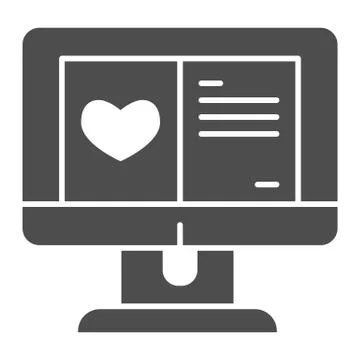 Greeting card on computer solid icon. Heart shape and text layout symbol, glyph Stock Illustration