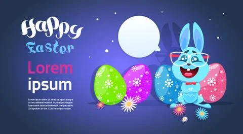 Greeting Card With Cute Easter Rabbit And Colored Eggs, Funny Bunny At Happy Stock Illustration