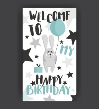 Greeting card. Cute hare (rabbit ) with a balloon. Happy Birthday Stock Illustration
