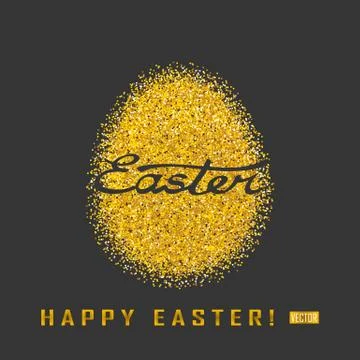 Greeting card with day of Easter. Glittering Golden egg and the words happy E Stock Illustration