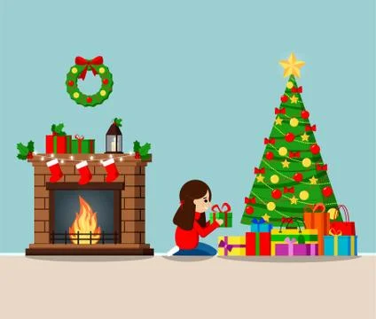Greeting card with decorated christmas tree and gifts under the tree, firepla Stock Illustration