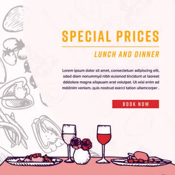 Greeting card with dinner table and special prices text Stock Illustration