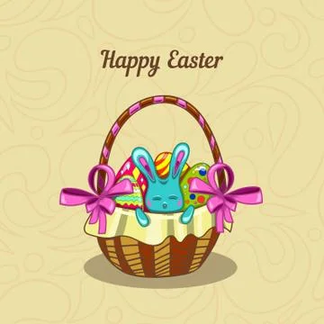 Greeting card with Easter bunny in a basket Stock Illustration