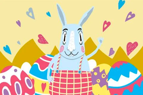 Greeting card with Easter bunny. Bright cartoon design. Stock Illustration