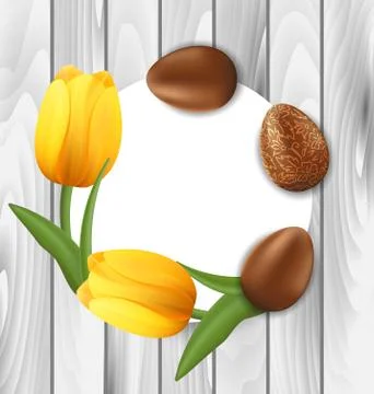 Greeting Card with Easter Chocolate Eggs and Yellow Tulips Flowe Illustrazione stock