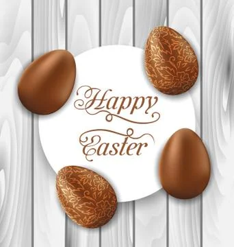 Greeting card with Easter chocolate ornamental eggs on wooden background 스톡 일러스트