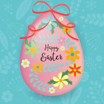 Greeting card for easter day with decorated holiday egg by flowers, branches and Stock Illustration