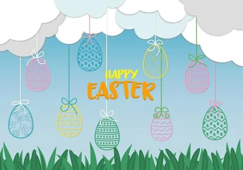 Greeting card for easter day with landscape decorated by paper holiday eggs Stock Illustration