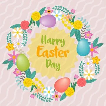 Greeting card for easter day with many elements of flowers and holiday eggs Stockillustratie