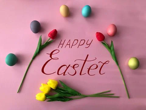 Greeting card for Easter with eggs and the text - "Happy Easter" Foto stock