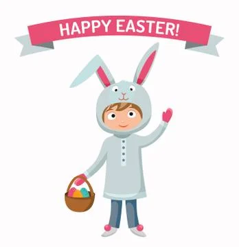 Greeting card Easter rabbit boy kid with basket vector illustration Illustrazione stock