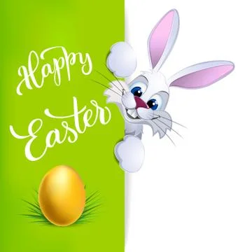 Greeting card with Easter rabbit,  golden egg and original hand lettering Hap Stock Illustration