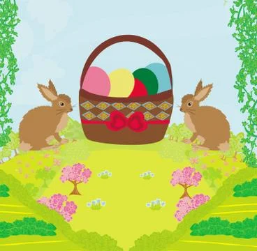 Greeting card with easter rabbits and basket with eggs Stock Illustration