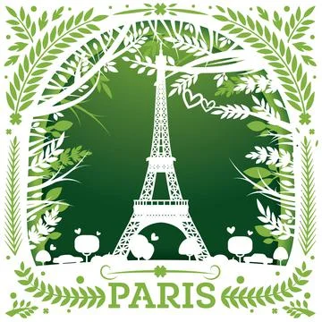 Greeting Card with Eiffel Tower in Paris. Template with Leaves for Laser Cutt Illustrazione stock