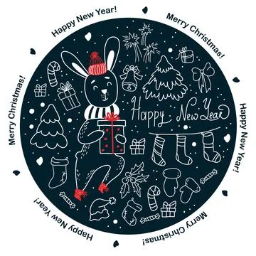 Greeting card from elements for Christmas design. New Years bunny with gift, Chr Stock Illustration
