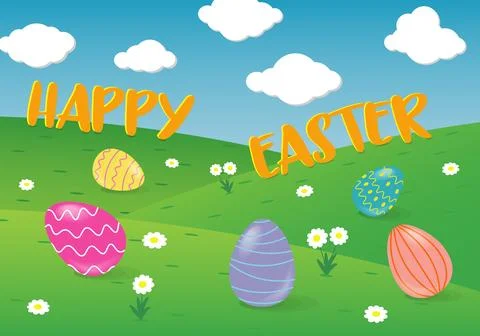 Greeting card with elements of easter eggs, flowers and the landscape Stockillustratie