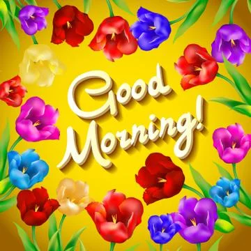 Greeting card with flowers. vector. Hand painting. Inscription. Good morning Stock Illustration