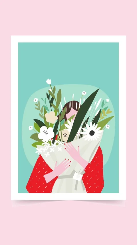 A greeting card frame appears, showing a woman with a bouquet of flowers Vídeo Stock 333684464