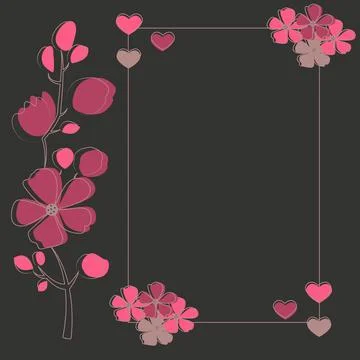 Greeting card with frame, red and pink flowers and hearts on a black background Stock Illustration
