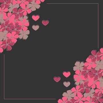 Greeting card with frame, red and pink flowers and hearts on a black background Stock Illustration