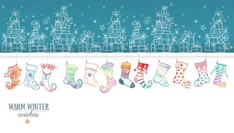 Greeting card with gift boxes and hanging doodle christmas stockings. Vector Ilustración de archivo