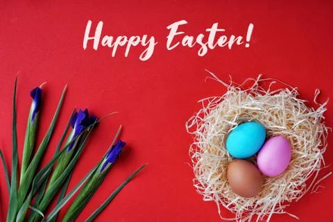 Greeting card happy easter. Colored eggs and nest, iris flowers. Good concept Stock Photos