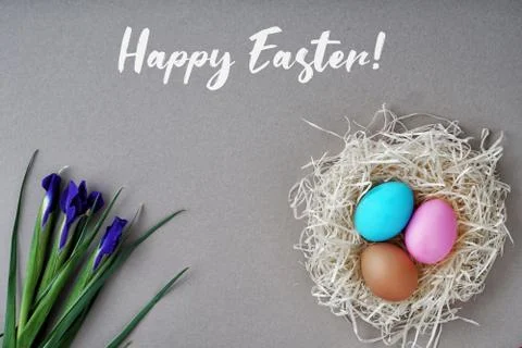 Greeting card happy easter. Colored eggs and nest, iris flowers. Good concept 스톡 사진