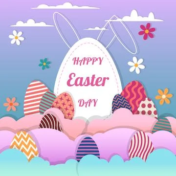Greeting card, HAPPY EASTER DAY, flat design, vector Easter eggs, flowers, .. Stock Illustration
