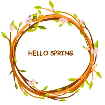 Greeting card, HELLO SPRING in circle of twigs Stock Illustration