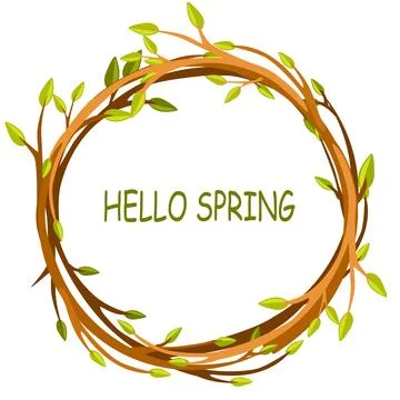 Greeting card, HELLO SPRING in circle of twigs Stock Illustration
