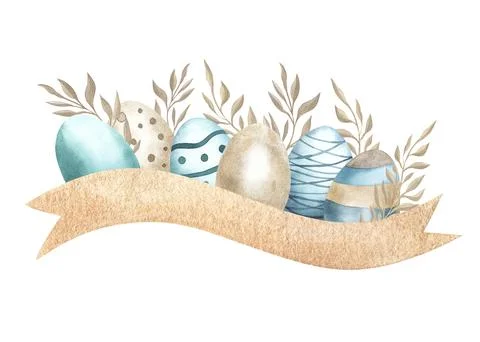 Greeting card, label Happy Easter. Ribbon bronze and blue eggs with patterns Stock Illustration