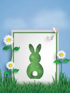 Greeting card made form Rabbit on garden with Butterfly. Stock Illustration