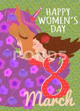 Greeting card for March 8. Girl hugs a unicorn. Stock Illustration