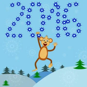 Greeting card with a monkey that hangs on the numbers of 2016 year Illustrazione stock