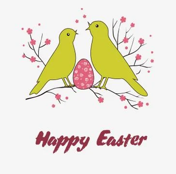 Greeting card or illustration for Easter with two birds and eggs on the bloom Stock Illustration