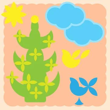 Greeting card with palm tree, clouds, sun, birds. Stock Illustration