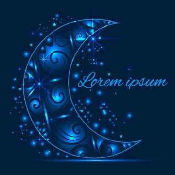 Greeting card with pattern on a crescent moon and lights Illustrazione stock