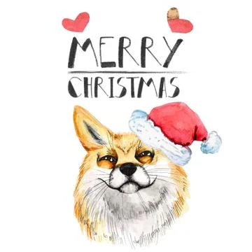 Greeting card. Red fox. Head. Christmas watercolor portrait. In the hat of Santa Stock Illustration