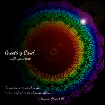 Greeting card with round color pattern on black Stock Illustration