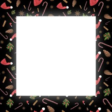 Greeting card with a seamless frame with red Santa Clause hats, Christmas tree Stock Illustration