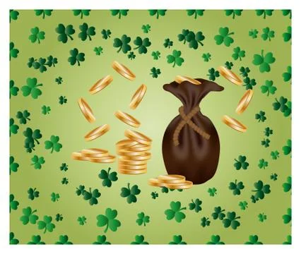 Greeting Card St. Patrick with sparkling gold coins and green clover leaves a Stock Illustration