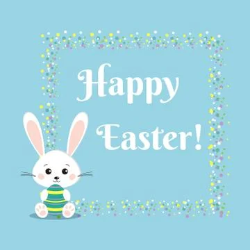 Greeting card with sweet white easter bunny rabbit with color easter egg. Stock Illustration