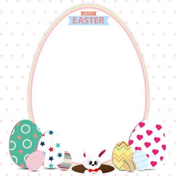 Greeting card template Easter Flat Colored pattern eggs with white rabbit Stock Illustration